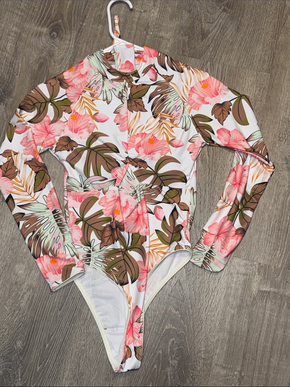 Long Sleeve Floral Rash Guard Swimsuit - Pink & Brown